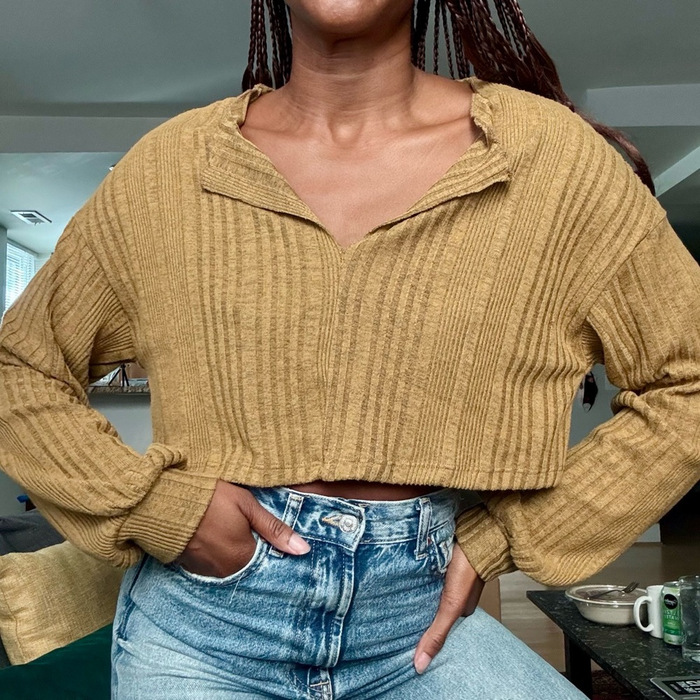Brownish Yellow Ribbed long sleeve crop Top